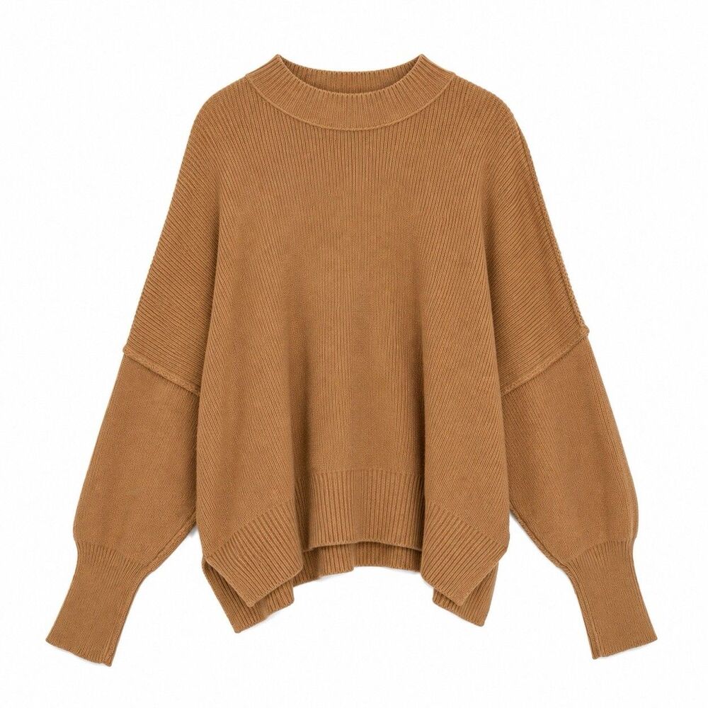Free People Camel Oversized Chunky Knit Sweater XS Boho Mock Neck Cozy Top